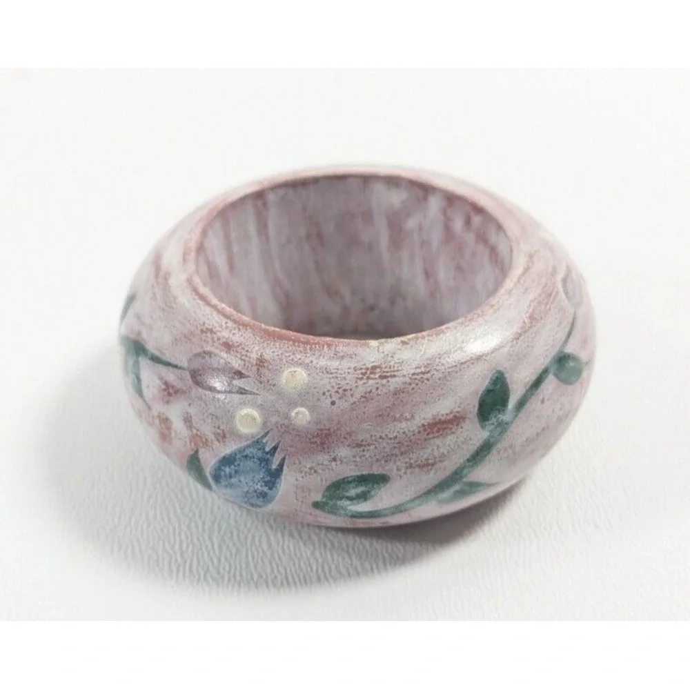 Vintage Hand Painted Wood Napkin Rings Set of 4 Pink Floral Philippines